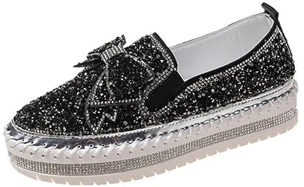 Casual Womens Shoes Wide Fit Womens Shoes Slip On Rhinestone Bowknot Loafers Glitter Slip On Sneakers Size 4.5 Black
