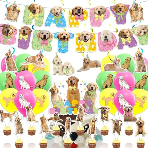 Golden Retriever Birthday Banner, Hanging Swirls, Cake & Cupcake Toppers, Balloons for Dog Party