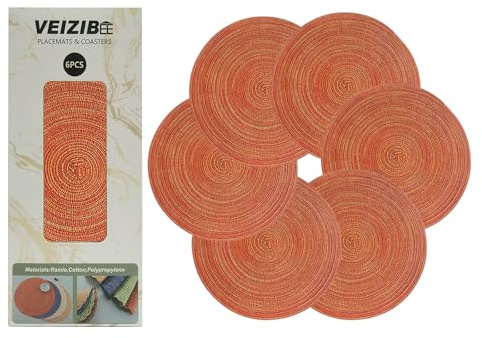 Tischmatten Hitzebeständige geflochtene Tischsets Spitze Mahlzeit Matte Waschbare Anti Rutsch Runde Platzmatten für Küche, Hand gewebte Stoff Tischmatten von Ramie (6pcs-38-Dark-Orange)