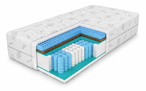 Premium Kokos Matratze 180x200 Taschenfederkern H3/H4, Aloe Vera 27cm | 7 Zonen Taschenfederkernmatratze 180x200, orthopädisch, H3/H4 wendbar, Massageschicht & Kokos, Höhe 27cm