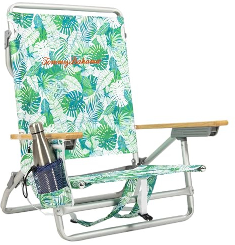 Tommy Bahama 5-Position Classic Lay Flat Backpack Beach Chair with Cooler and Cup Holder, Portable Folding Beach Chair for Tanning, Tropical Leaves