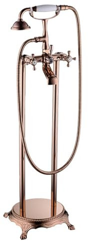 SWHC Standarmatur Bodenstehende Wannenarmatur, Retro Badewannenarmatur Messing 2 Modus Freistehende Armatur Badewanne mit Handbrause Telefonform Großer Durchfluss Standarmatur für Wanne Roségold