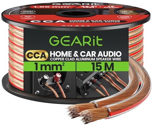 GEARit 18 Gauge Speaker Cable 15m, Flexible 2x1mm² Speaker Wire with Polarity Markings, 18AWG CCA Audio Cable for In-Wall Home Cinema, Car Audio Stereo, HiFi Surround Sound (Clear)