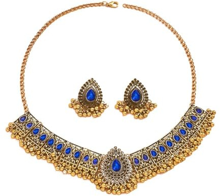 Ensemble De Bijoux De Mariage Indien Traditionnel Bohème Pour Femmes Et Filles Argent Antique Oxydé Collier Boucles d'Oreilles Pompon Bollywood Ras Du Cou Punk Cristal Cadeau Tendance (bleu)