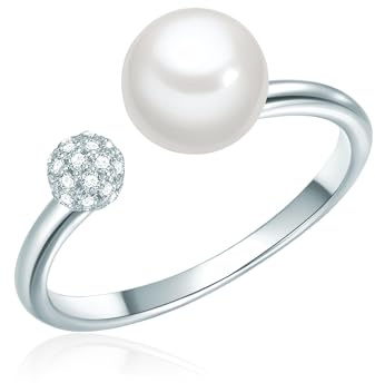 Valero Pearls Damen-Ring 925/-Sterling Silber Süßwasser-Zuchtperle Rund 7 mm weiß/Zirkonia - Silberring offen mit Süßwasserperle Perlenring