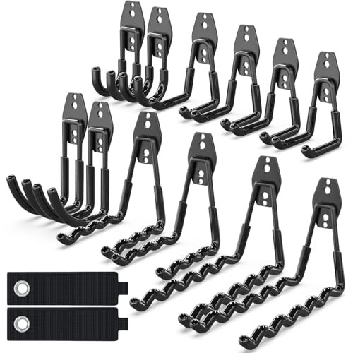 laofeei 14 Stück Schwerlast Wandhalterung Gartengeräte für Garage & Garten - Robuste Doppelhaken in verschiedenen Größen zur Aufbewahrung von Leitern und Elektrowerkzeugen, Schwarz