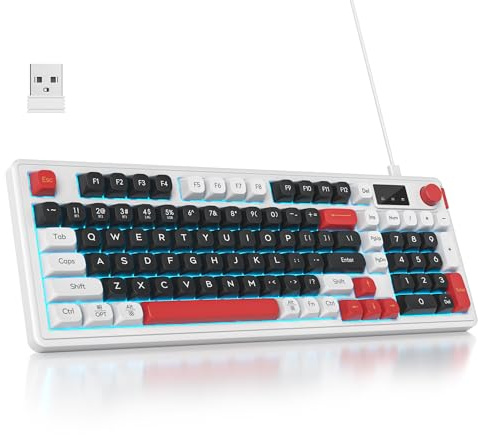 SbocKeeb Teclado Inalámbrico, 96% Teclado Silencioso Gaming Inalámbrico Retroiluminado , Diseño QWERTY Americano, Teclados Membrana RGB Cremoso Bluetooth/2.4G/USB Con Teclado Numérico