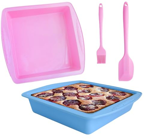 2 Pcs Silicone Brownie Tin 24cm, 9 inch Square Cake Tins for Baking, Brownie Tin, Silicone Baking Trays, 9x10 Square Baking Trays for Brownie, Chocolate Cakes, with Oil Brush and Spatula