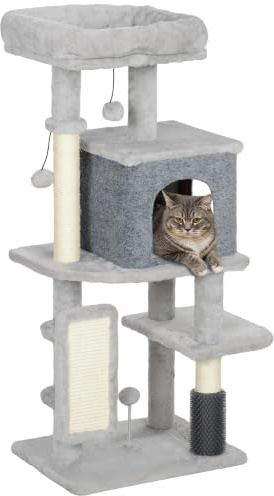 PawHut Arbre à Chat, Tour de Jeux pour Chats, Hauteur de 104 cm, avec Tapis griffoir, lit pour Chat, Maison pour Chat, Plateformes, Brosse de toilettage, balles de Jeu, Gris Clair