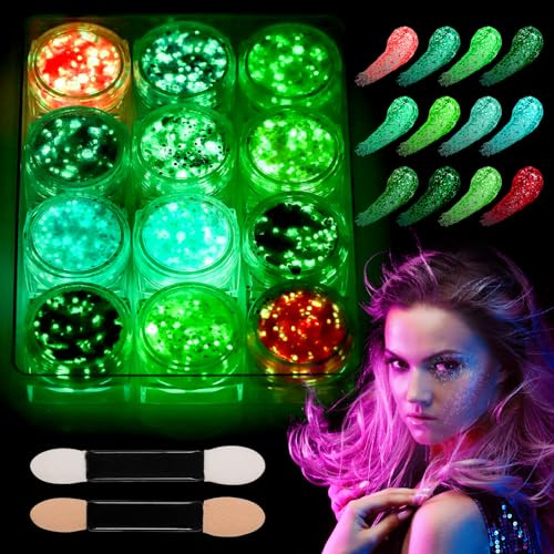 Huiguli 12 Farben Fluoreszierendes Glitzer Gesicht, Festival Glitter Für Gesicht Nägel Augen Haare, Makeup Glitzer für Halloween Musik Festival Masquerade Party (A)