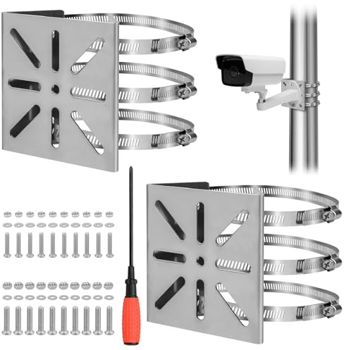 2 Juegos de Soporte Camara Vigilancia Mastil, Soporte de Montaje en Poste Vertical Exterior,Soporte Camara Vigilancia Universal de Acero Inoxidable para Cámara de Seguridad CCTV | Soporte vertical universal para mástil con 6 trabillas, para cámara de anillo, cámara IP, cámara CCTV