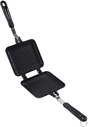 Moule à Sandwich Double Face, Poêle à Panini Antiadhésive à Fond Plat, Poêle à Grille à Motif avec Poignée, Grille-pain de Camping en Aluminium