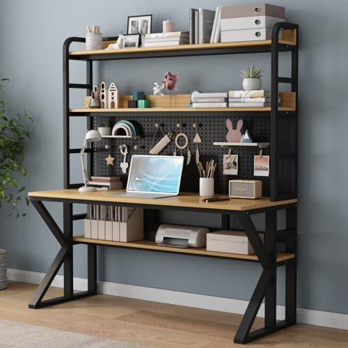Computertisch aus Massivholz mit Ablagen und Stecktafel, moderner Schreibtisch für Zuhause, Büro, Arbeitszimmer, großes stabiles Design, verschönert Ihren Arbeitsplatz effizient