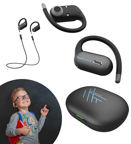 PowerLocus Auriculares Inalámbricos para Niños, 85dB Sonido Limitado Seguro, Auriculares con Gancho Oreja Flexibles, Sonido Estéreo, Impermeables, Diseño Confortable, Cascos Inalambricos con ENC Mic