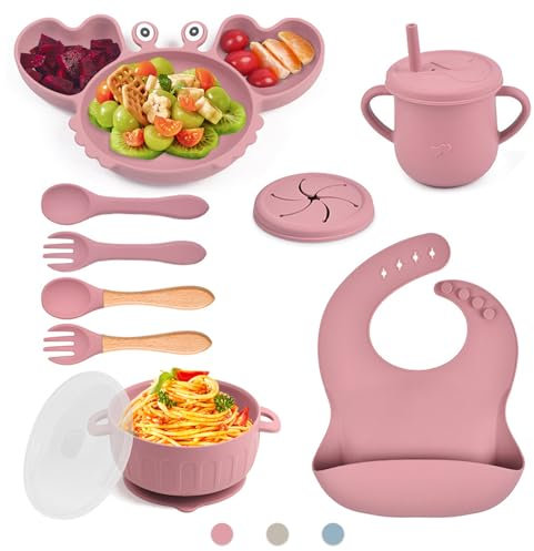 Bwaliffury Set Pappa Svezzamento, Set di Stoviglie per Bambini in Silicone, Stoviglie per bambini in Silicone, Ciotola, Piatto, Tazza, Cucchiaio, Set Pappa senza BPA