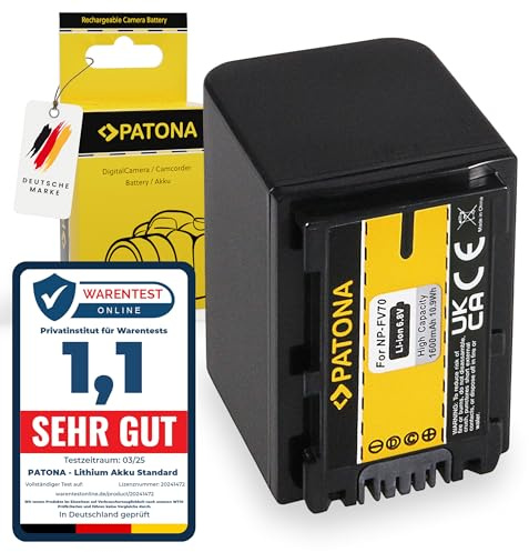 PATONA NP-FV70 Batería 1600mAh Compatible con Sony FDR-AX100E FDR-AXP33 DCR-DVD92E DVD105E DVD110 DVD150 DCR-HC16 HC17 HC19 HC20 HC30 HDR-CX105E CX106E HDR-SR5 SR7 HDR-XR105 NPFV70 FV70 FV-70