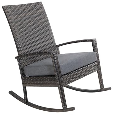 Ogarden Rocking Chair, Garten schaukelstuhl wetterfest, Poly Rattan Outdoor Schaukelstuhl, Schaukelsessel mit Kissen, für Garten, Terrasse, Balkon, Gartenstuhl (Hellbraun - Graues Kissen)