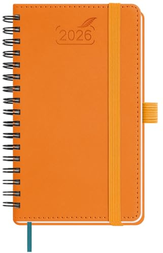BEZEND Taschenkalender 2026 Klein Ringbuch 15,5 x 9 cm | Kalender 2026 Buchkalender 1 Woche 2 Seiten mit 80 g/m² Papier | Terminplaner 2026 Wochenplaner A6 mit PU-Leder Softcover - Orange