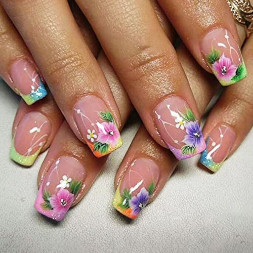 GlamRays Lot de 24 Autocollants à Ongles de Printemps Faux Ongles carrés Courts avec Motifs Floraux Ongles à Pointes françaises colorées Autocollants Brillants