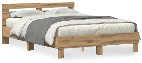 vidaXL Marco de Cama de Roble Macizo Artesanal con Iluminación LED Se Ajusta a Colchón de 150 x 200 cm Decorar el Dormitorio Diseño Artesanal Duradero Ideal para Adultos Unisex Ligero y