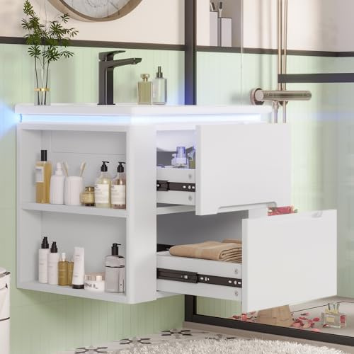 Easexcy, armadio da bagno sospeso a parete, 60 x 46 x 48,5 cm, illuminazione a LED con sensore radar, due cassetti, guide scorrevoli silenziose, lavabo integrato, bianco
