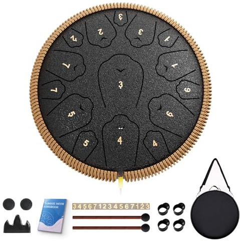 Steel Tongue Drum, 13 Zoll 15 Noten Zungentrommeln, C-Dur Drum Percussion Instrumente, Handpan Drums mit Notenbuch, Schlagzeugschlägel und Tragetasche (Schwarz)