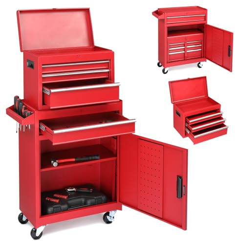 LEADZM Servante d'Atelier Outils avec Coffre Amovible, 4 Tiroirs, 2 Grande，Etabli Garage，Caisse à Outil Roulante& Armoire à Étagère Réglable，pour Garage, Atelier (Rouge)