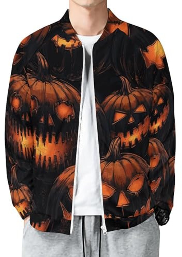 MIATCENRT Herren Baseballjacke Lässige Bomberjacke, College Sportjacke Kürbisgesicht Horror Freizeitjacke, Schwarz Sweatjacke Cardigan Streetwear, Frühling Herbst Dünne