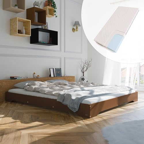 smartwood Säng 160x190 cm i färg Marron med Madrass och Ribbotten - Sängram i FSC-certifierat Furu - stabil upp till 300 kg - Dubbelsäng - Modern & Hållbar Säng för Vuxna - TILA 7
