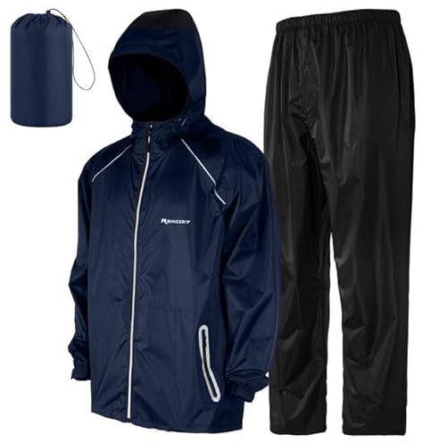 LAMA Regenanzug (Regenjacke + Regenhose) Damen Herren, Reflektierender Regenanzüge wasserdichte Kapuzenjacke, Atmungsaktive Regenjacke Regenhose, Raincoat Rainwear mit Kapuze Kapuzenjacke Marineblau M