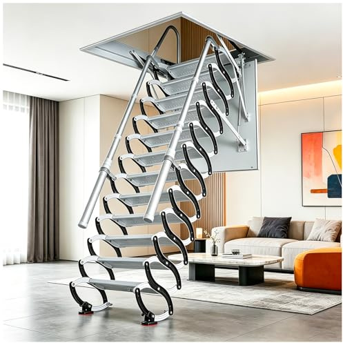 350kg Loft Ladder Ceiling Attic Stairs with 2 Handrails, 12-Step, 2.7-3m
