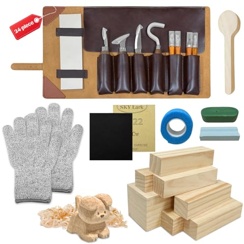 Set de Sculpture Sur Bois, Outil de Sculpture de Haute Qualité 24 Pièces pour Professionnels/Débutants, Ensemble de Ciseaux Pratique avec Sac en Cuir Velours avec Pierre à Aiguiser Incluse