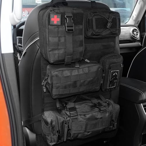 HEYOOA Universeller Molle Nylon Taktischer Autositz Organizer, Vordersitz Rückenlehnen-Aufbewahrungstasche, Rückenlehnenschutz mit 5 Taschen für alle Fahrzeuge