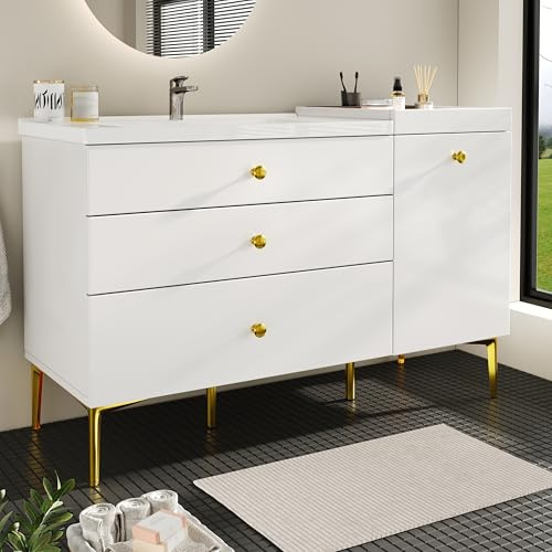 BNUZ Armadietto da bagno, 47,5 x 80 x 120 cm, bianco e oro, con lavabo in ceramica, mobile da bagno con cassetti e armadio, mobile da bagno moderno