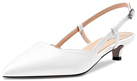 Saekcted Femmes Pointu Bout Kitten Bas Talon Heel Slingback Escarpins Slip-on Cute Dress Sandales 3.5 CM Heels Blanc Matte 38 EU