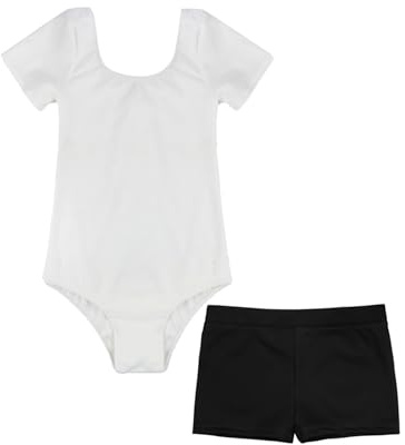 Freebily Kids Girls Boys Short Sleeve Ballet Dance Leotards Solid Color Gymnastics Bodysuit with Shorts Set Ivory 3-4 Years