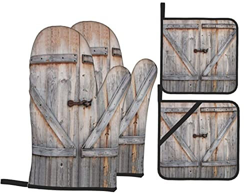 Ofenhandschuhe und Topflappen, 4er-Set, Landhausstil, hochhitzebeständig, Ofenhandschuhe und Topflappen für Küche, Kochen, Backen, Grillen