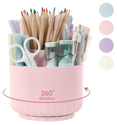 SKYDUE Schreibtisch Organizer, 360 Grad Stiftehalter Drehbar, Stifte Organizer Mit 5 Fächern, Stiftehalter Schreibtisch Für Büro, Schule, Zuhause(Hellrosa)