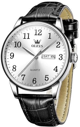 OLEVS Lederuhren für Herren Großgesicht Weiß Edelstahl Analoge Quarzuhr Stylish Einfachheit Arabische Ziffern Schwarz Lederarmband Herren Uhr Wasserdicht Leuchtend Datumsanzeige Herrenuhr