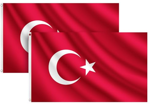 COCOCOSY 2 stycken turkiska flaggor – 90 x 150 cm, 100 % polyester, turkisk flagga med mässingsöljetter – väderbeständig och hållbar för sport och festligheter