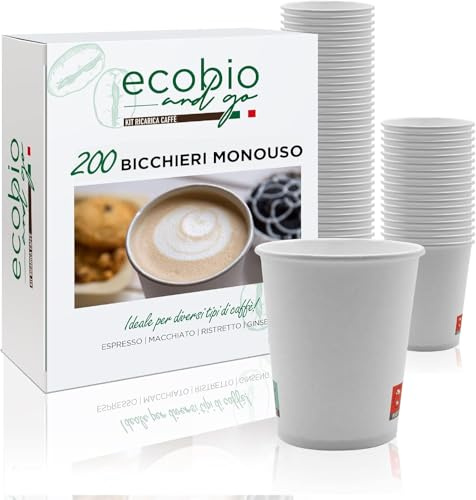 Ecobio and Go - 500 Bicchieri Acqua di Carta 200ml, Bicchieri Cara Biodegradabili e Compostabili, Bicchieri Monouso Senza Plastica Per Te' e Caffè, Bianchi