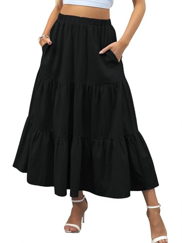 Zeagoo Jupe Femme Élégante Taille Haute Jupe D'été Maxi Jupe A-Ligne Casual Jupe Longue Jupes Élastiques avec Poches S-XXL