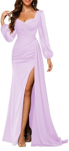 Vestido de dama de honor de satén con manga farol, cuello en V, plisado, vestido largo de sirena, Lila, 38