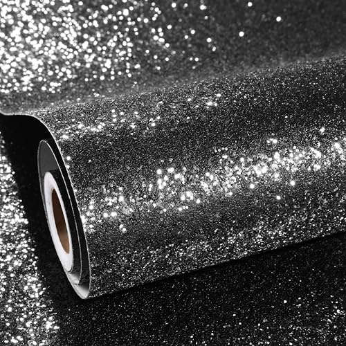 ReWallpaper Tapete Schwarz mit Glitzer Selbstklebende Folie Küchen Schrank Wand Basteln Kinder Klebefolie Möbel Schwarz Glitzer Dicke Strukturtapete 40CMx7M Pailletten Schwarze Dekorfolie