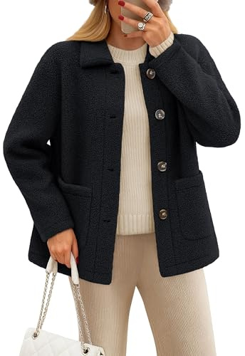 YUCOLEN Womens Fleece Jacket Button Down Sherpa Jacket Long Sleeve Teddy Coat Winter Warm Coat Fuzzy Outerwear with Pockets Black M