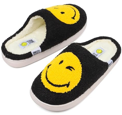 ZHPTO SMILEYWORLD® Slippers for Women Men Memory Foam Anti-Slip Plush Fluffy Warm Cosy House Shoes Indoor Outdoor Yellow Black