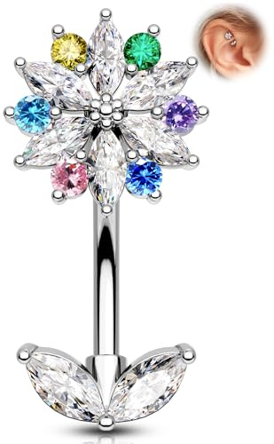 OUFER Rook Piercing Schmuck Blume Augenbrauenpiercing 16G 316L Chirurgenstahl Knorpelohrringe Helix Tragus Curved Barbell Mehrfarbig CZ Augenbrauen Piercings Für Frauen 8mm