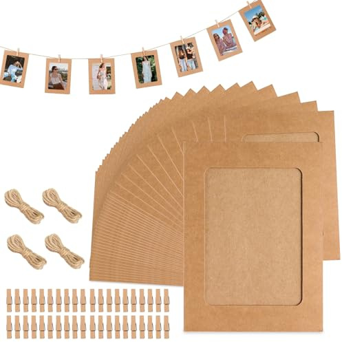 MFUSUL 40 stycken fotokoppel med klämmor, gör-det-själv 15 cm, kraftpapper bildram 40 st träklämmor foton hängande för födelsedag bröllop fest jubileum dekoration fotobanner