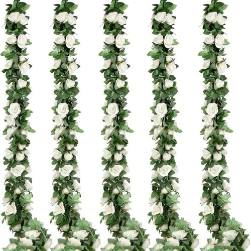 5pack Flower Garland Artificial Fake Rose Garland Vine Artificial Flowers for Decoration Floral Garlands Decor-Total 41 Ft (White)