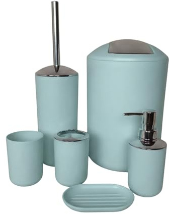 G.mütlich Badezimmer Set 6-teilig, Badaccessoires Komplettset Kunststoff, WC Garnitur mit Klobürste, Mülleimer, Zahnputzbecher, Seifenspender & Schale, Bad Zubehör Deko (Mint)